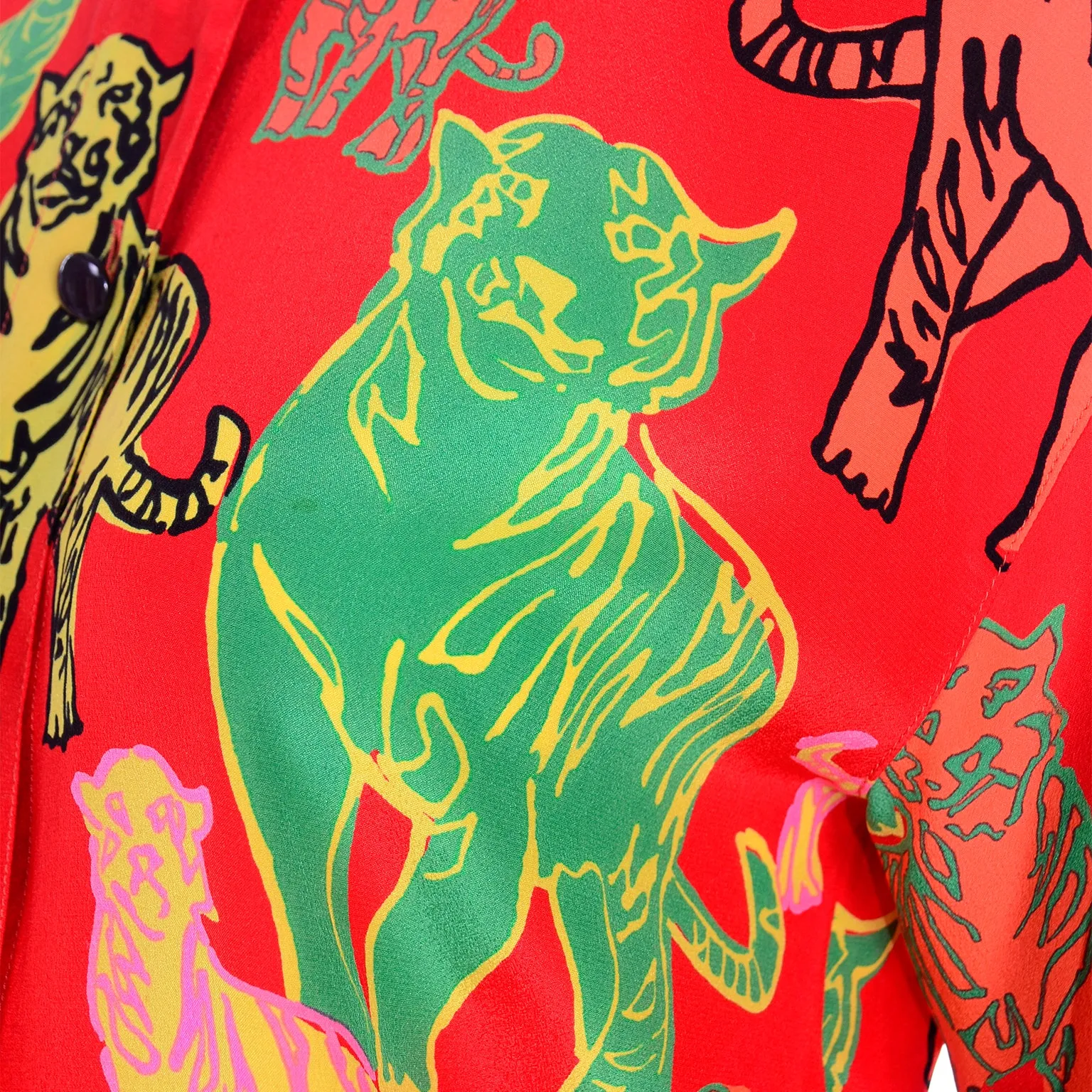 1980s Rare Margaretha Ley Escada Colorful Red Silk Tiger Blouse