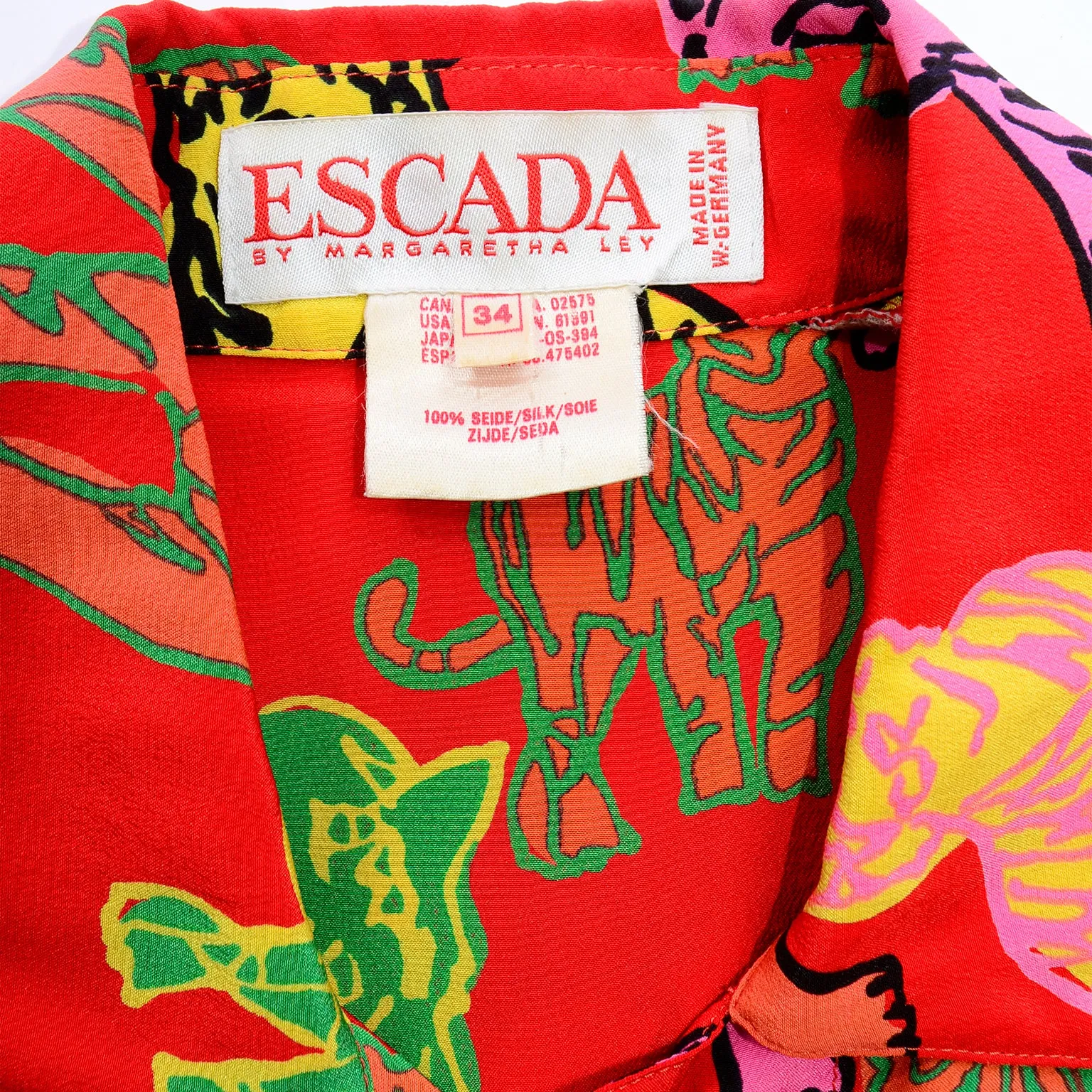 1980s Rare Margaretha Ley Escada Colorful Red Silk Tiger Blouse