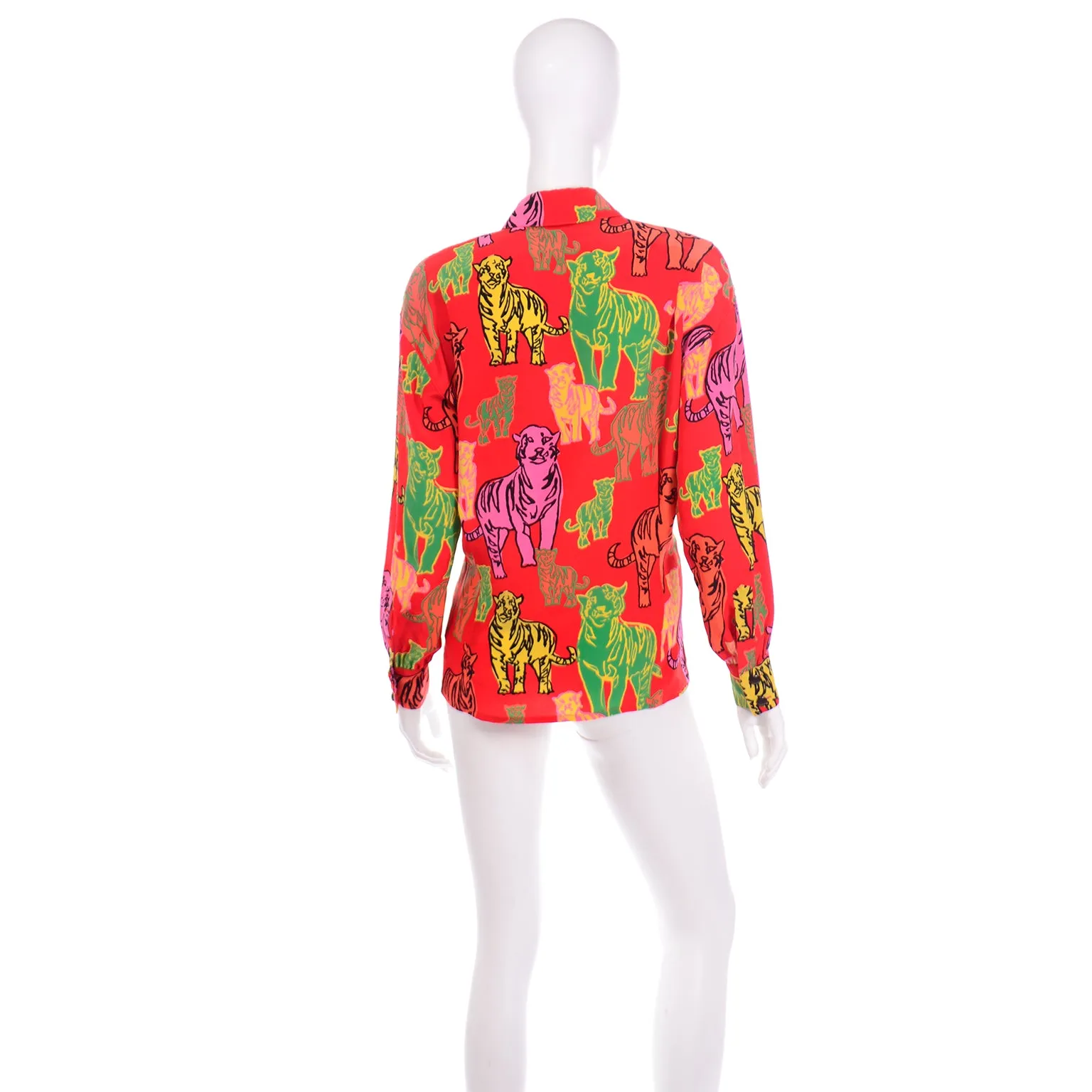 1980s Rare Margaretha Ley Escada Colorful Red Silk Tiger Blouse