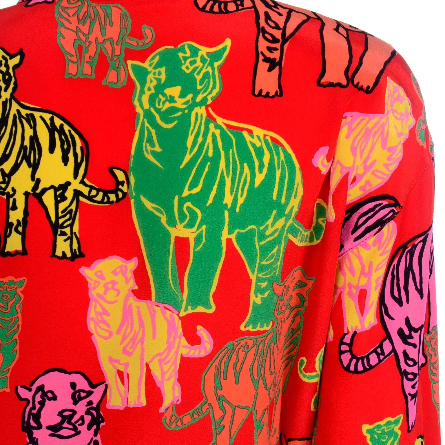 1980s Rare Margaretha Ley Escada Colorful Red Silk Tiger Blouse