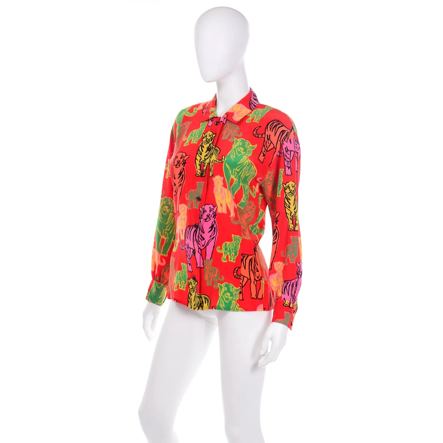 1980s Rare Margaretha Ley Escada Colorful Red Silk Tiger Blouse