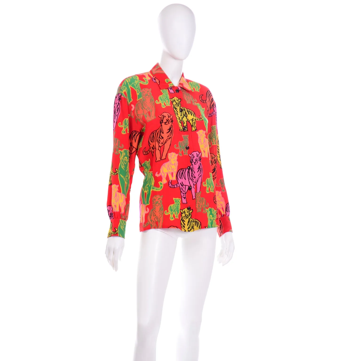 1980s Rare Margaretha Ley Escada Colorful Red Silk Tiger Blouse