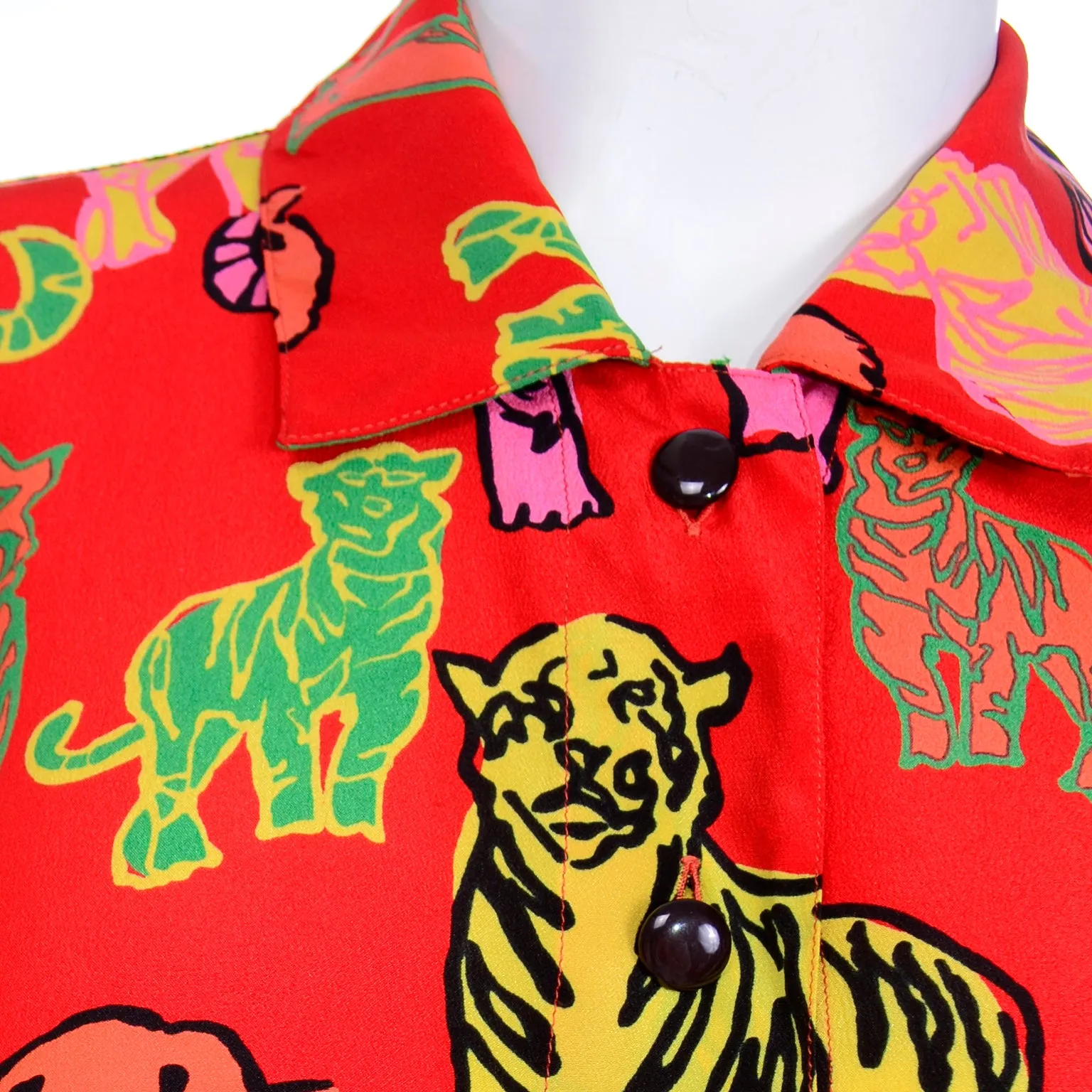 1980s Rare Margaretha Ley Escada Colorful Red Silk Tiger Blouse