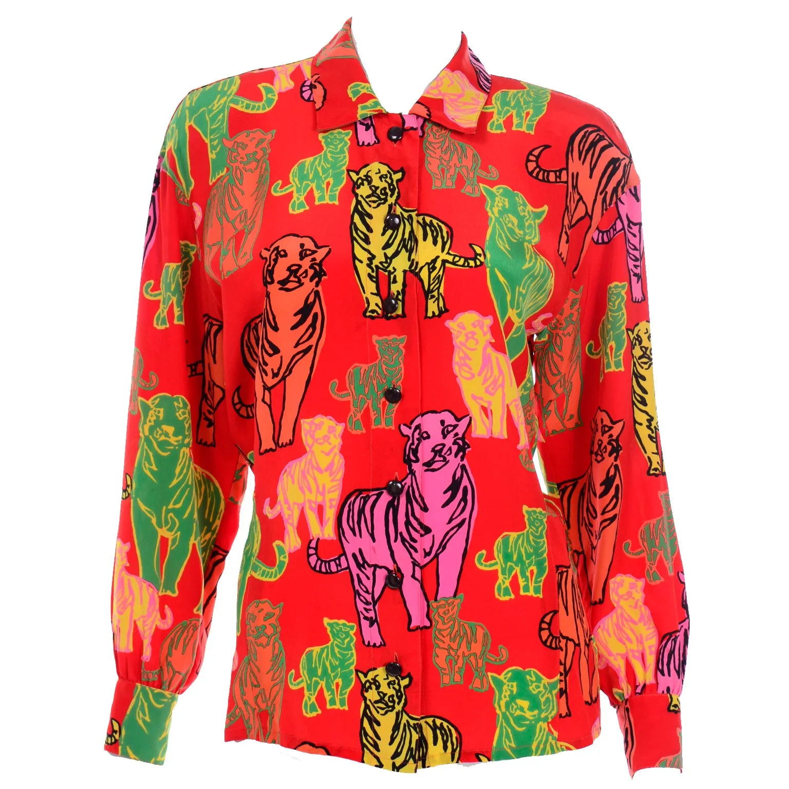 1980s Rare Margaretha Ley Escada Colorful Red Silk Tiger Blouse