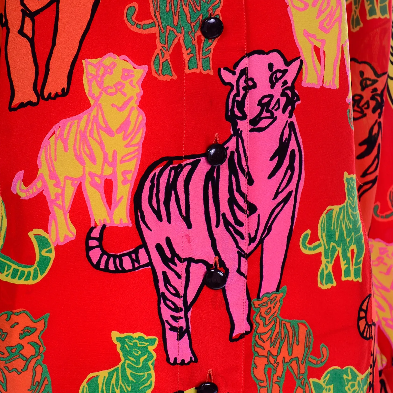 1980s Rare Margaretha Ley Escada Colorful Red Silk Tiger Blouse