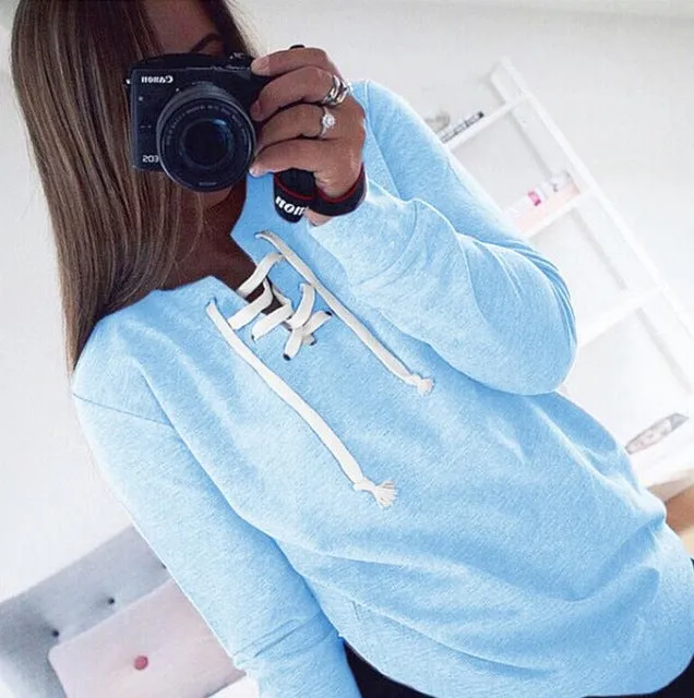 2018 New Women Bandage Top Hoodies Sweatshirt Casual Long Sleeve Solid Lace Up Tops Plus Size Hollow Out Autumn Spring Shirts