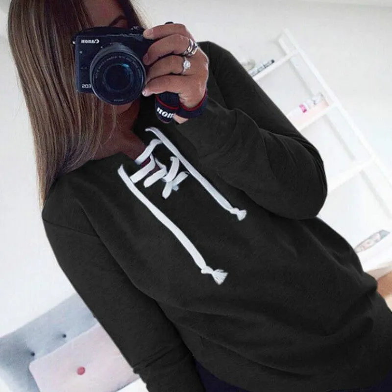 2018 New Women Bandage Top Hoodies Sweatshirt Casual Long Sleeve Solid Lace Up Tops Plus Size Hollow Out Autumn Spring Shirts