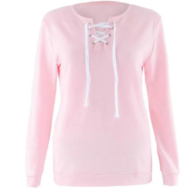 2018 New Women Bandage Top Hoodies Sweatshirt Casual Long Sleeve Solid Lace Up Tops Plus Size Hollow Out Autumn Spring Shirts