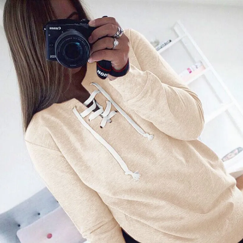 2018 New Women Bandage Top Hoodies Sweatshirt Casual Long Sleeve Solid Lace Up Tops Plus Size Hollow Out Autumn Spring Shirts