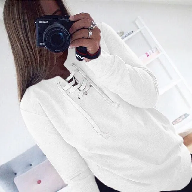 2018 New Women Bandage Top Hoodies Sweatshirt Casual Long Sleeve Solid Lace Up Tops Plus Size Hollow Out Autumn Spring Shirts