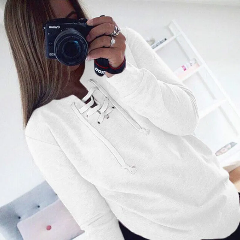 2018 New Women Bandage Top Hoodies Sweatshirt Casual Long Sleeve Solid Lace Up Tops Plus Size Hollow Out Autumn Spring Shirts