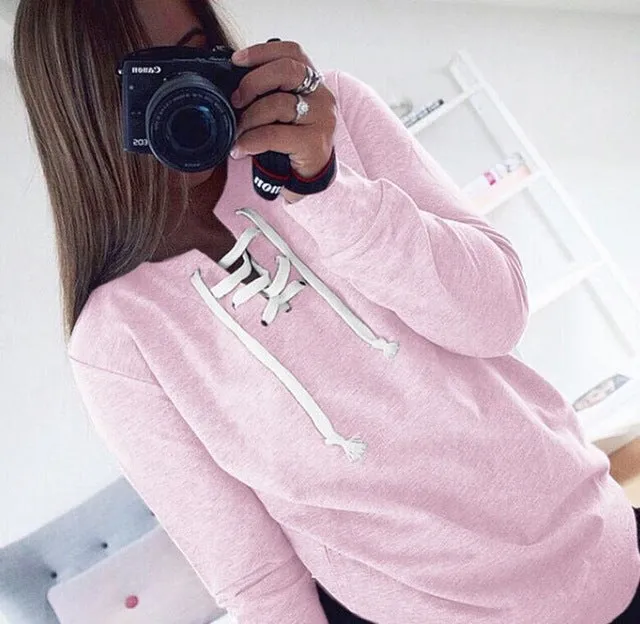 2018 New Women Bandage Top Hoodies Sweatshirt Casual Long Sleeve Solid Lace Up Tops Plus Size Hollow Out Autumn Spring Shirts