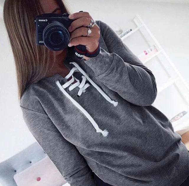 2018 New Women Bandage Top Hoodies Sweatshirt Casual Long Sleeve Solid Lace Up Tops Plus Size Hollow Out Autumn Spring Shirts