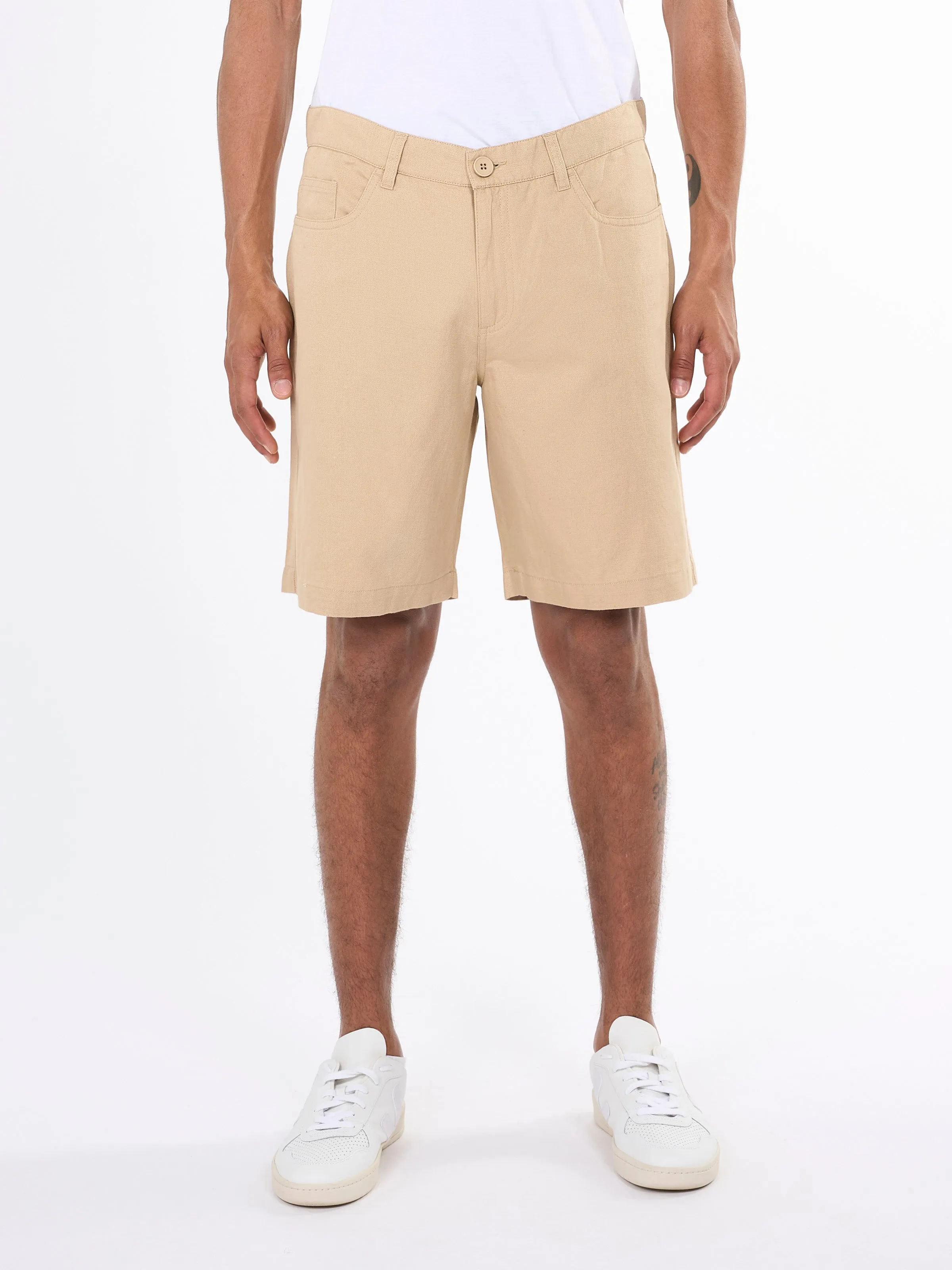 5-pocket cotton-linen blend twill shorts - Safari