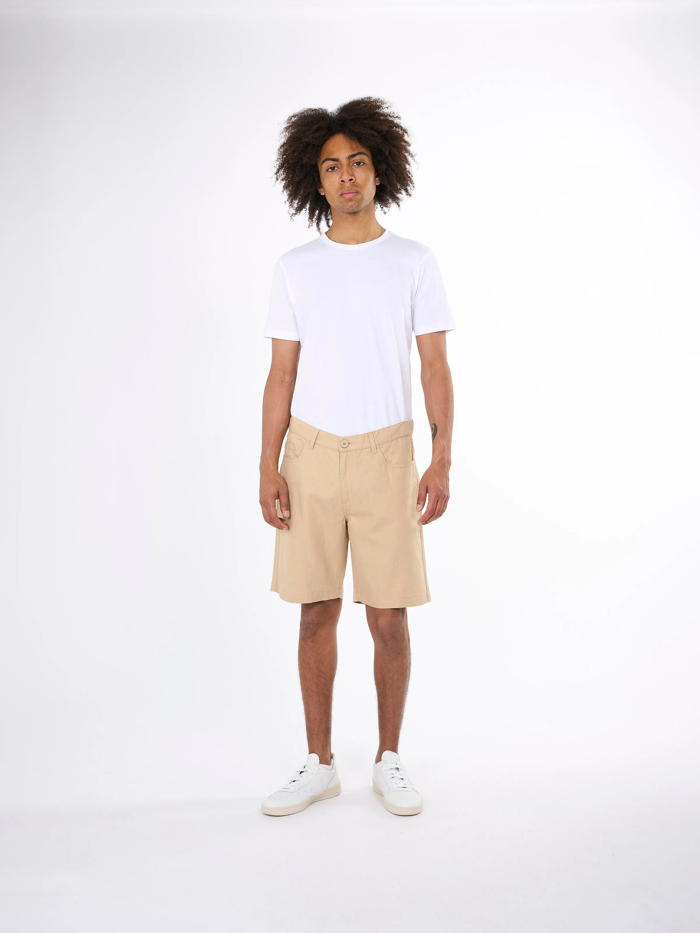 5-pocket cotton-linen blend twill shorts - Safari