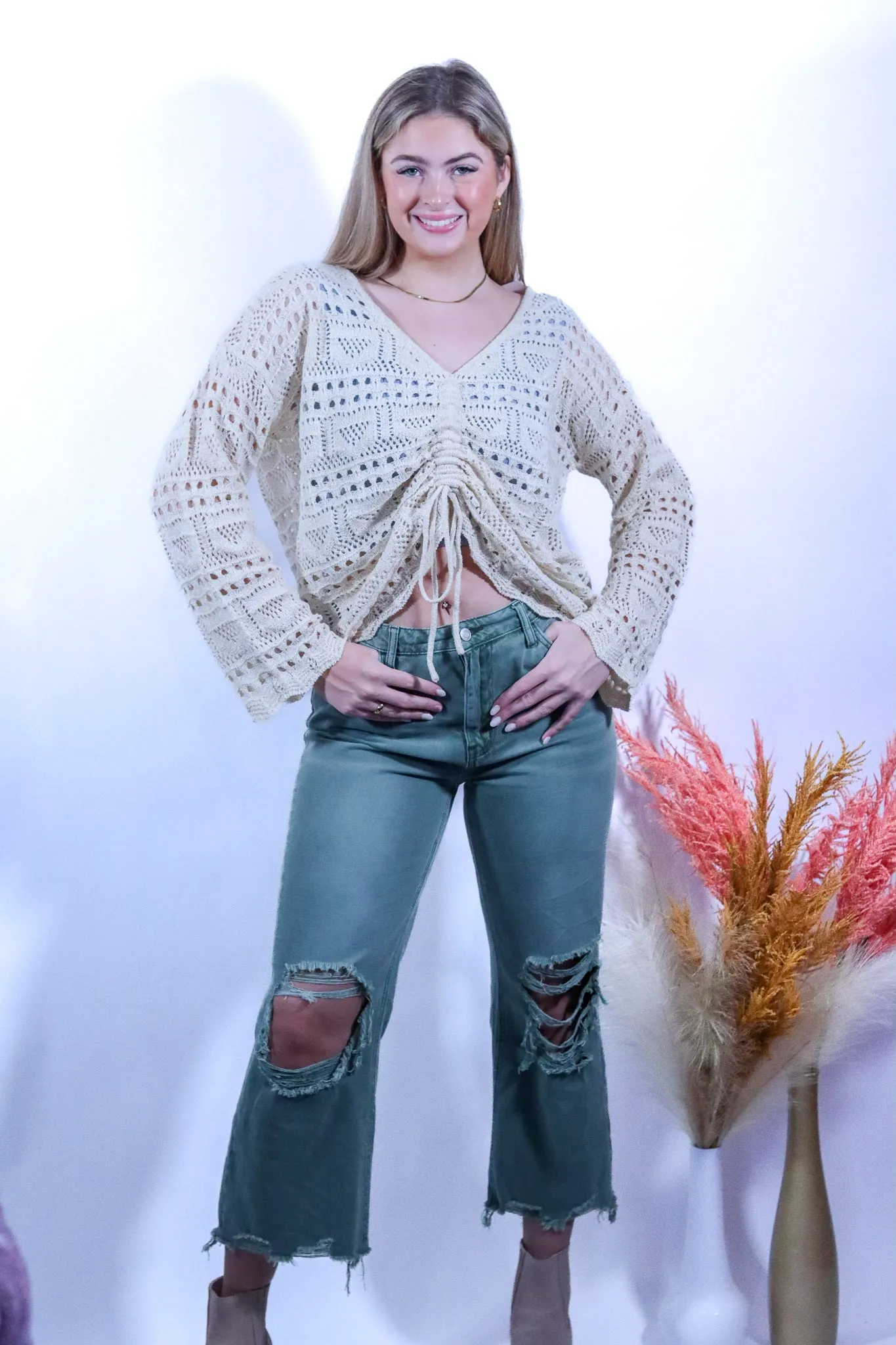 90's Vintage Crop Flare: Army Green