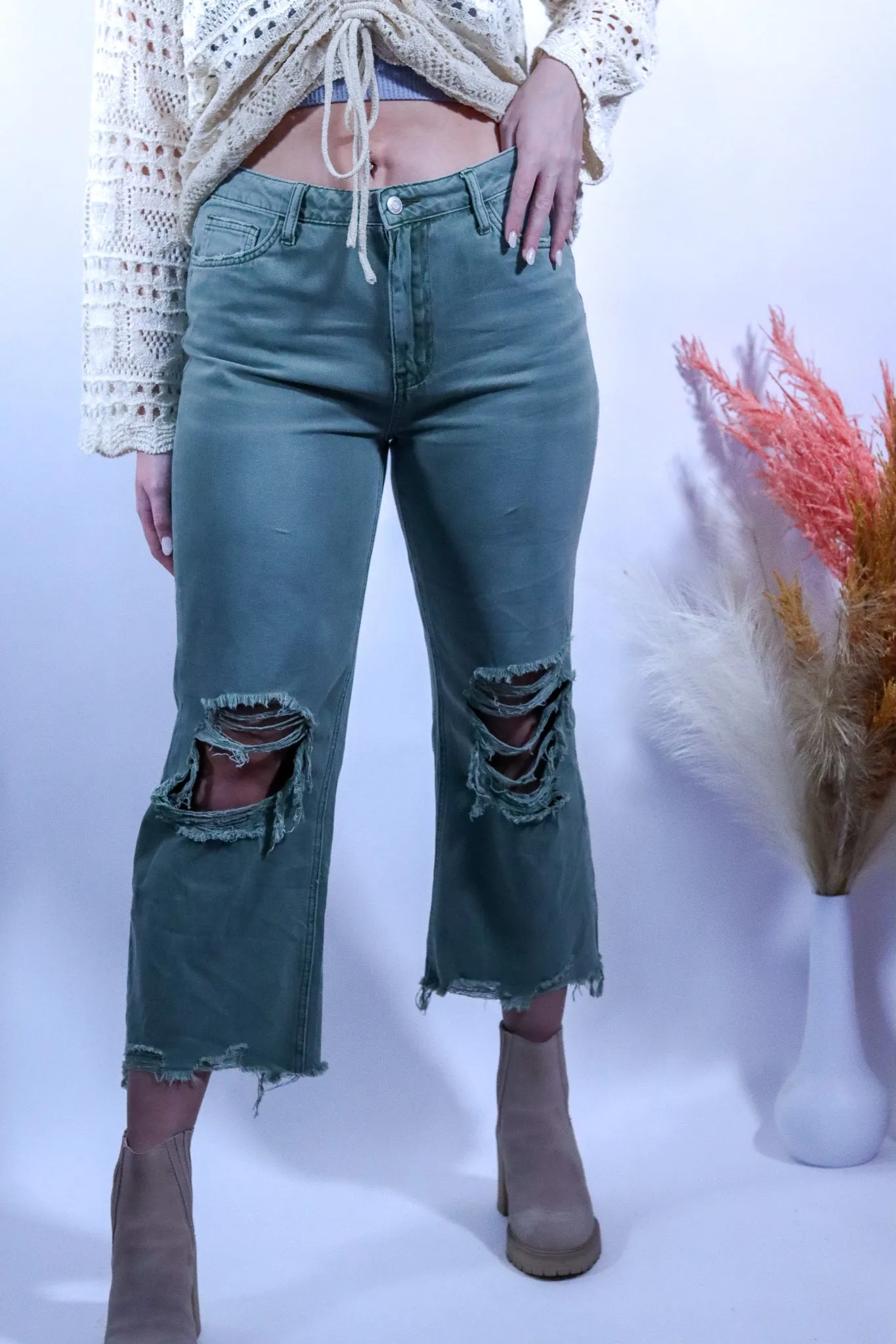 90's Vintage Crop Flare: Army Green