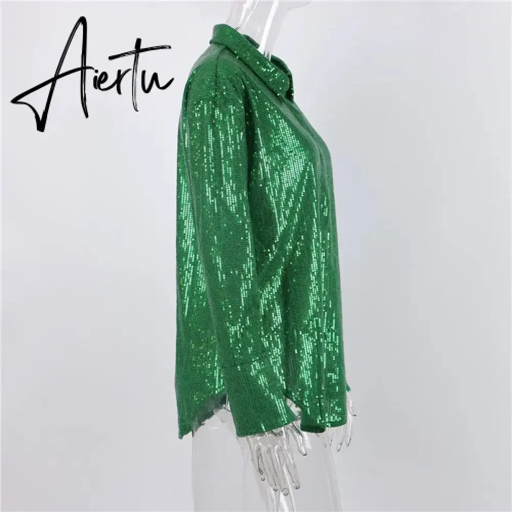Aiertu Turn-down Collar Sequin Woman Blouses White Long Sleeve Casual Elegant Blouses Women Spring Loose Fashion Plus Size Tops