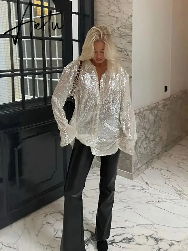 Aiertu Turn-down Collar Sequin Woman Blouses White Long Sleeve Casual Elegant Blouses Women Spring Loose Fashion Plus Size Tops