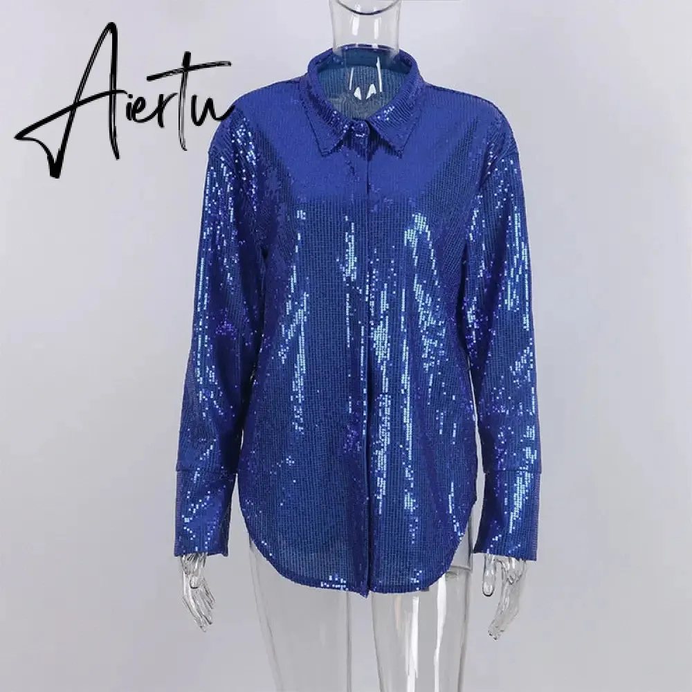 Aiertu Turn-down Collar Sequin Woman Blouses White Long Sleeve Casual Elegant Blouses Women Spring Loose Fashion Plus Size Tops