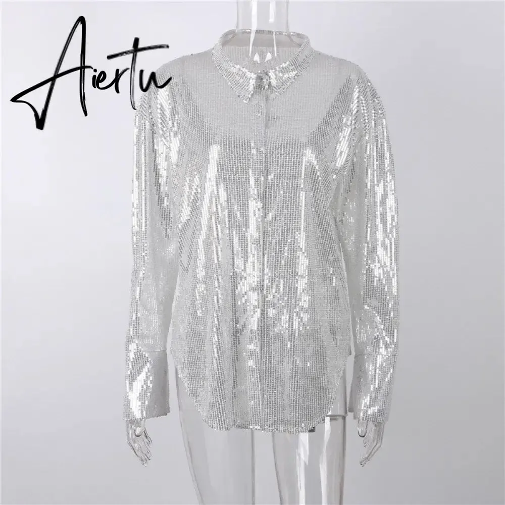 Aiertu Turn-down Collar Sequin Woman Blouses White Long Sleeve Casual Elegant Blouses Women Spring Loose Fashion Plus Size Tops