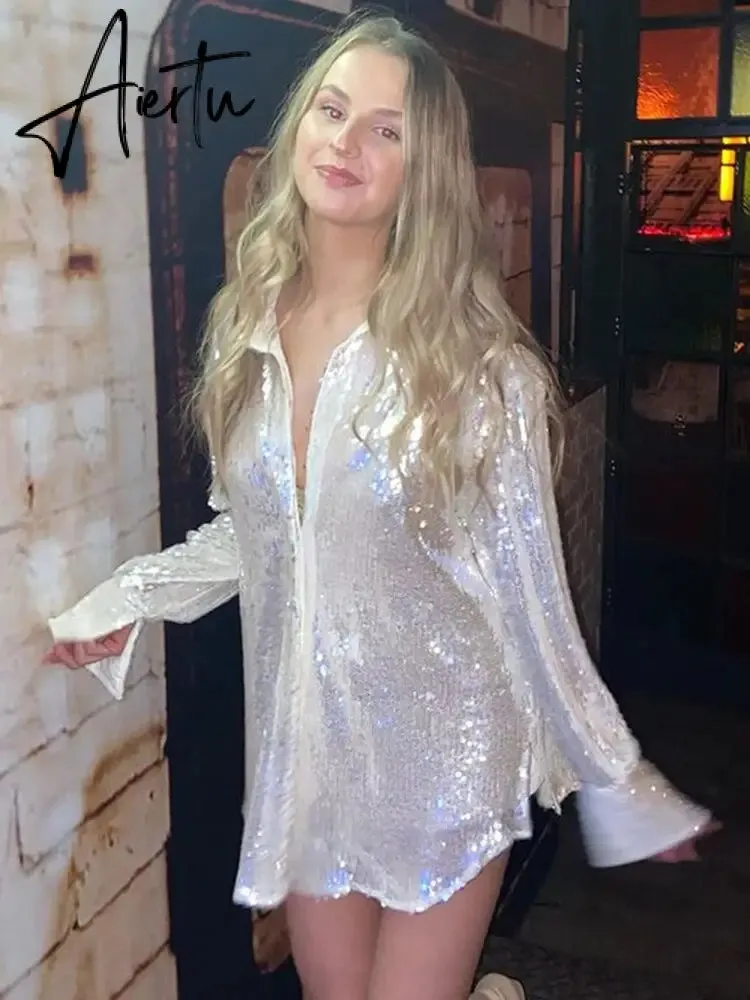 Aiertu Turn-down Collar Sequin Woman Blouses White Long Sleeve Casual Elegant Blouses Women Spring Loose Fashion Plus Size Tops