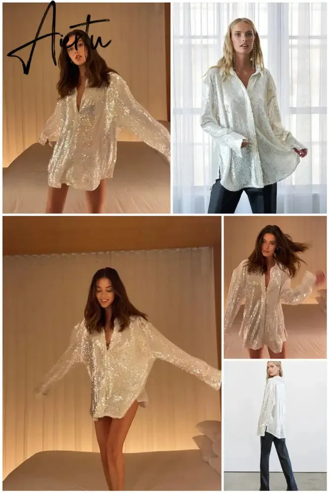 Aiertu Turn-down Collar Sequin Woman Blouses White Long Sleeve Casual Elegant Blouses Women Spring Loose Fashion Plus Size Tops