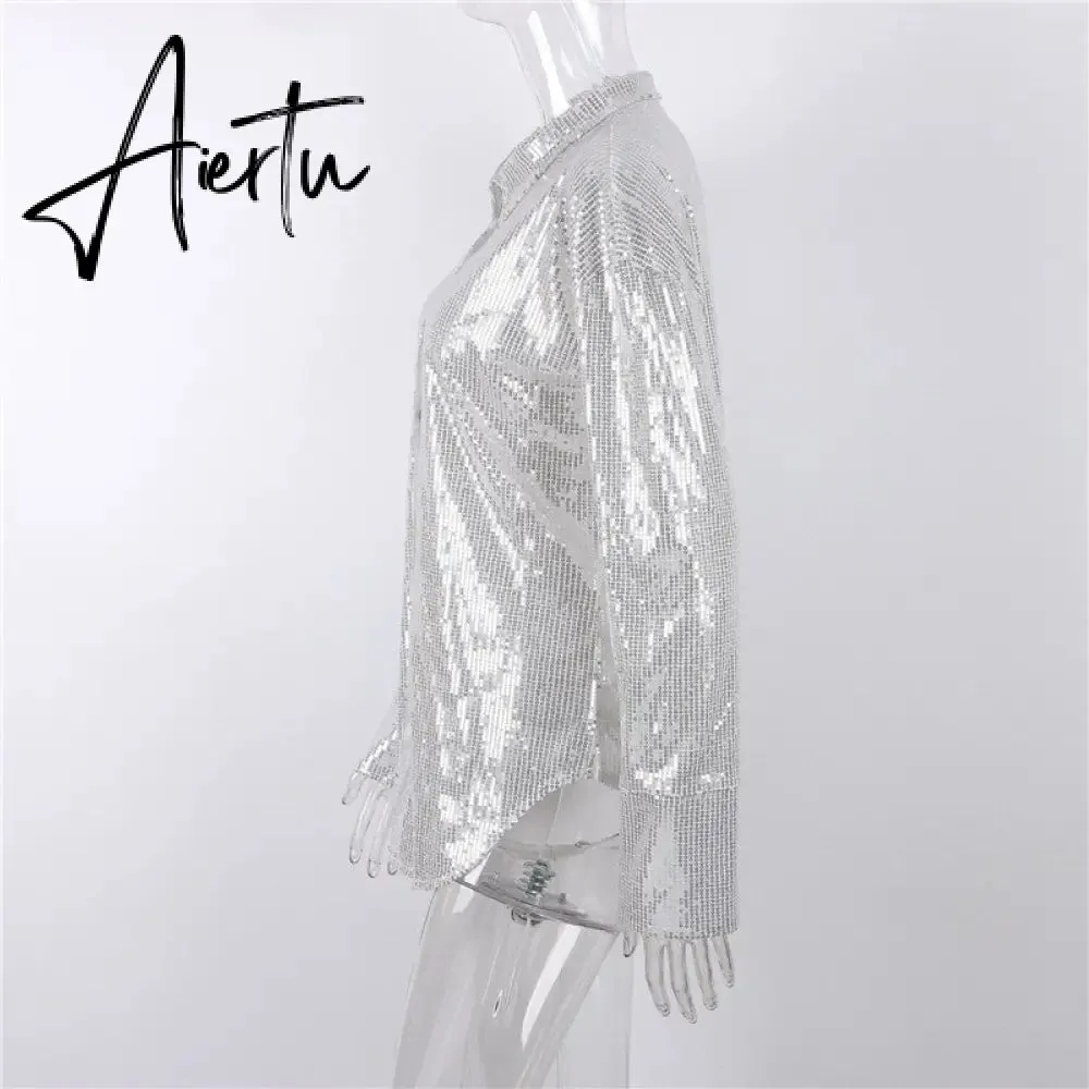 Aiertu Turn-down Collar Sequin Woman Blouses White Long Sleeve Casual Elegant Blouses Women Spring Loose Fashion Plus Size Tops