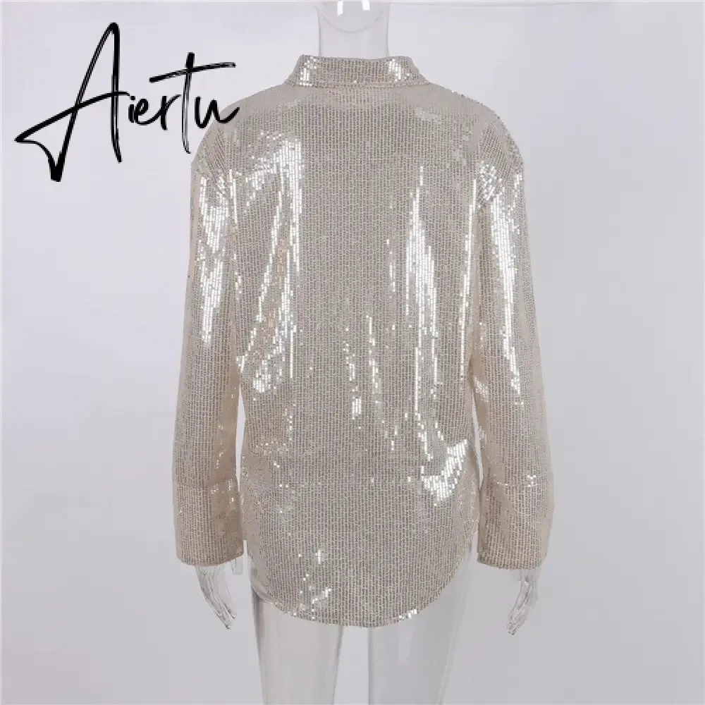 Aiertu Turn-down Collar Sequin Woman Blouses White Long Sleeve Casual Elegant Blouses Women Spring Loose Fashion Plus Size Tops