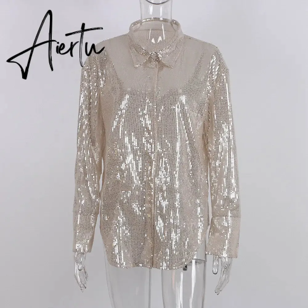 Aiertu Turn-down Collar Sequin Woman Blouses White Long Sleeve Casual Elegant Blouses Women Spring Loose Fashion Plus Size Tops