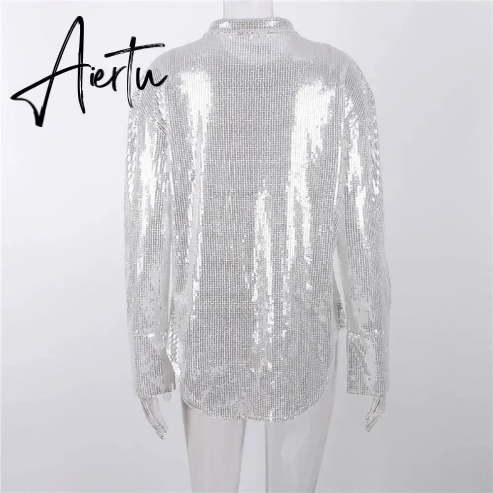 Aiertu Turn-down Collar Sequin Woman Blouses White Long Sleeve Casual Elegant Blouses Women Spring Loose Fashion Plus Size Tops