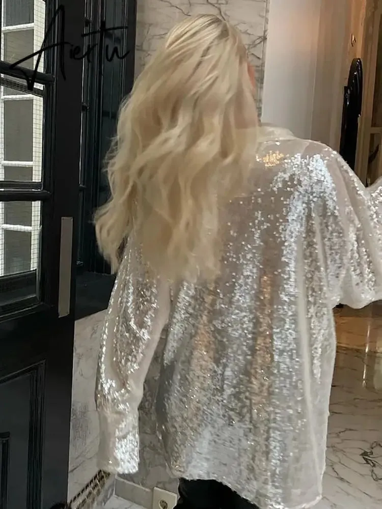 Aiertu Turn-down Collar Sequin Woman Blouses White Long Sleeve Casual Elegant Blouses Women Spring Loose Fashion Plus Size Tops