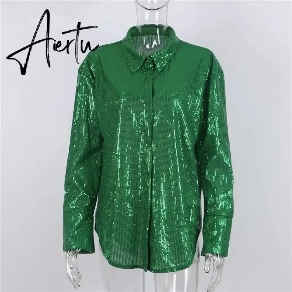 Aiertu Turn-down Collar Sequin Woman Blouses White Long Sleeve Casual Elegant Blouses Women Spring Loose Fashion Plus Size Tops