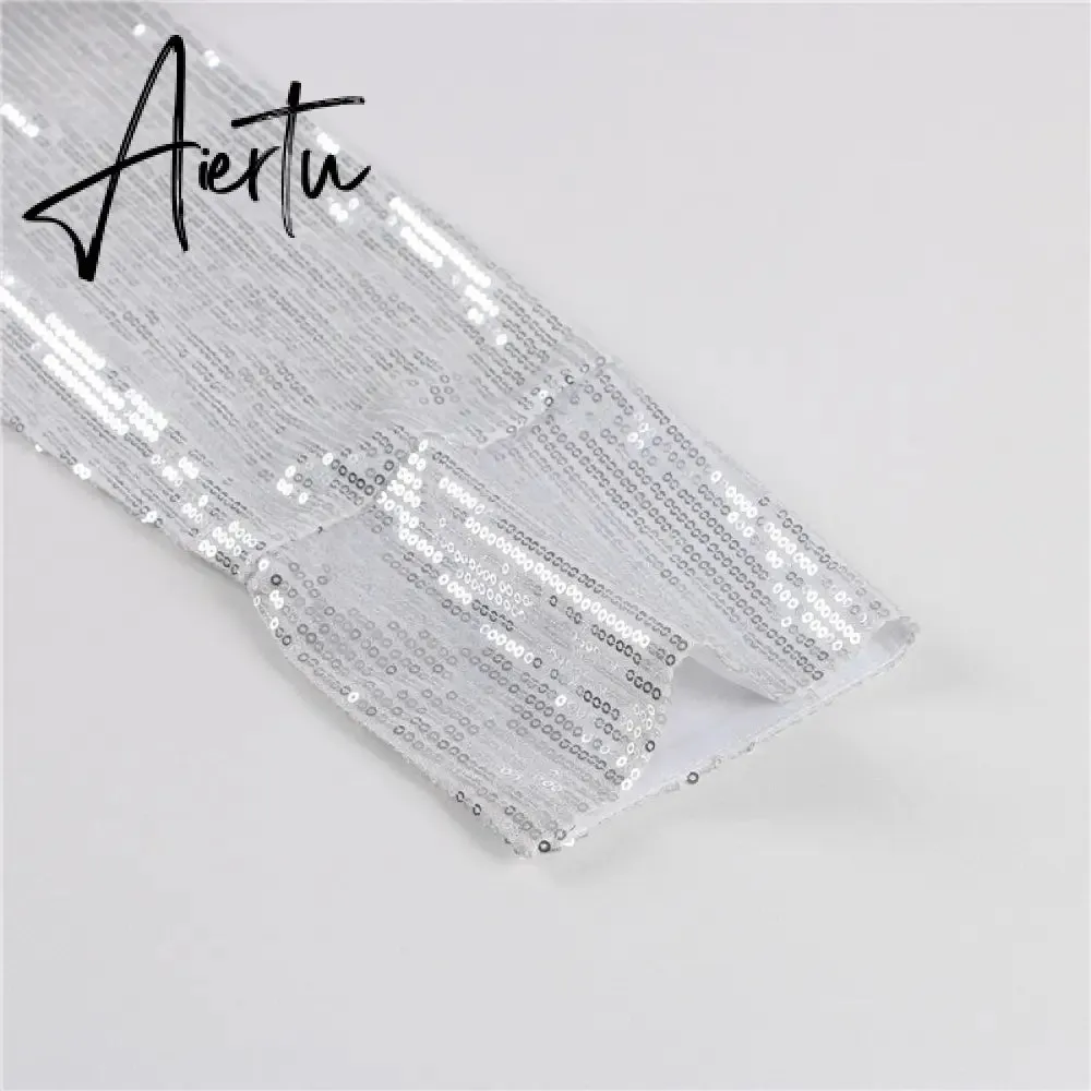 Aiertu Turn-down Collar Sequin Woman Blouses White Long Sleeve Casual Elegant Blouses Women Spring Loose Fashion Plus Size Tops