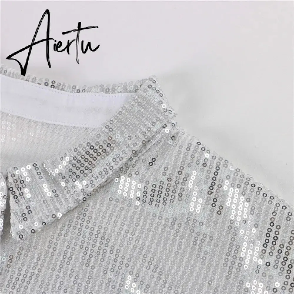 Aiertu Turn-down Collar Sequin Woman Blouses White Long Sleeve Casual Elegant Blouses Women Spring Loose Fashion Plus Size Tops