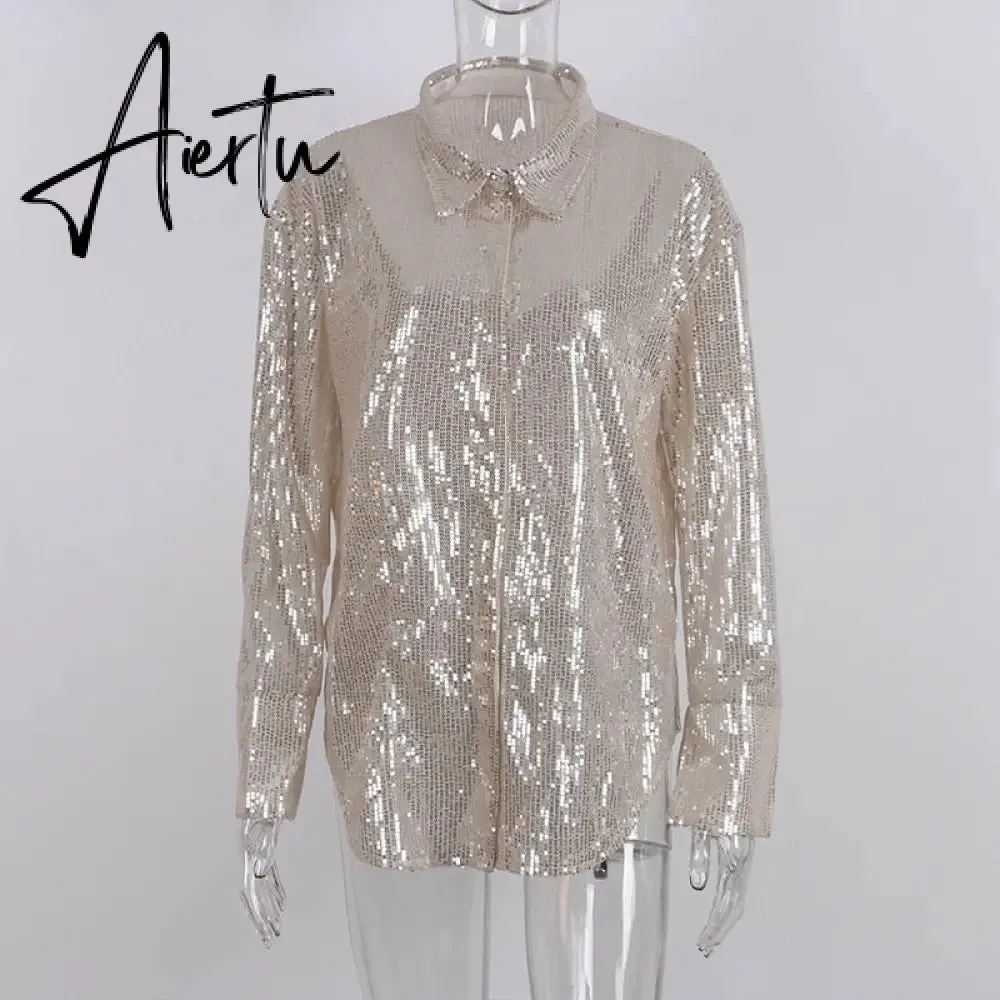 Aiertu Turn-down Collar Sequin Woman Blouses White Long Sleeve Casual Elegant Blouses Women Spring Loose Fashion Plus Size Tops
