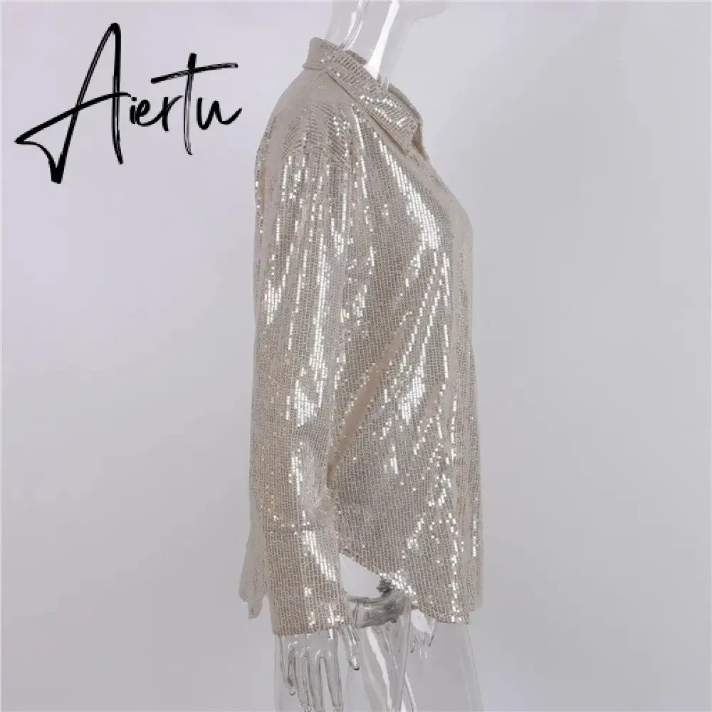 Aiertu Turn-down Collar Sequin Woman Blouses White Long Sleeve Casual Elegant Blouses Women Spring Loose Fashion Plus Size Tops