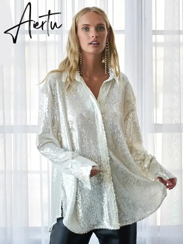 Aiertu Turn-down Collar Sequin Woman Blouses White Long Sleeve Casual Elegant Blouses Women Spring Loose Fashion Plus Size Tops