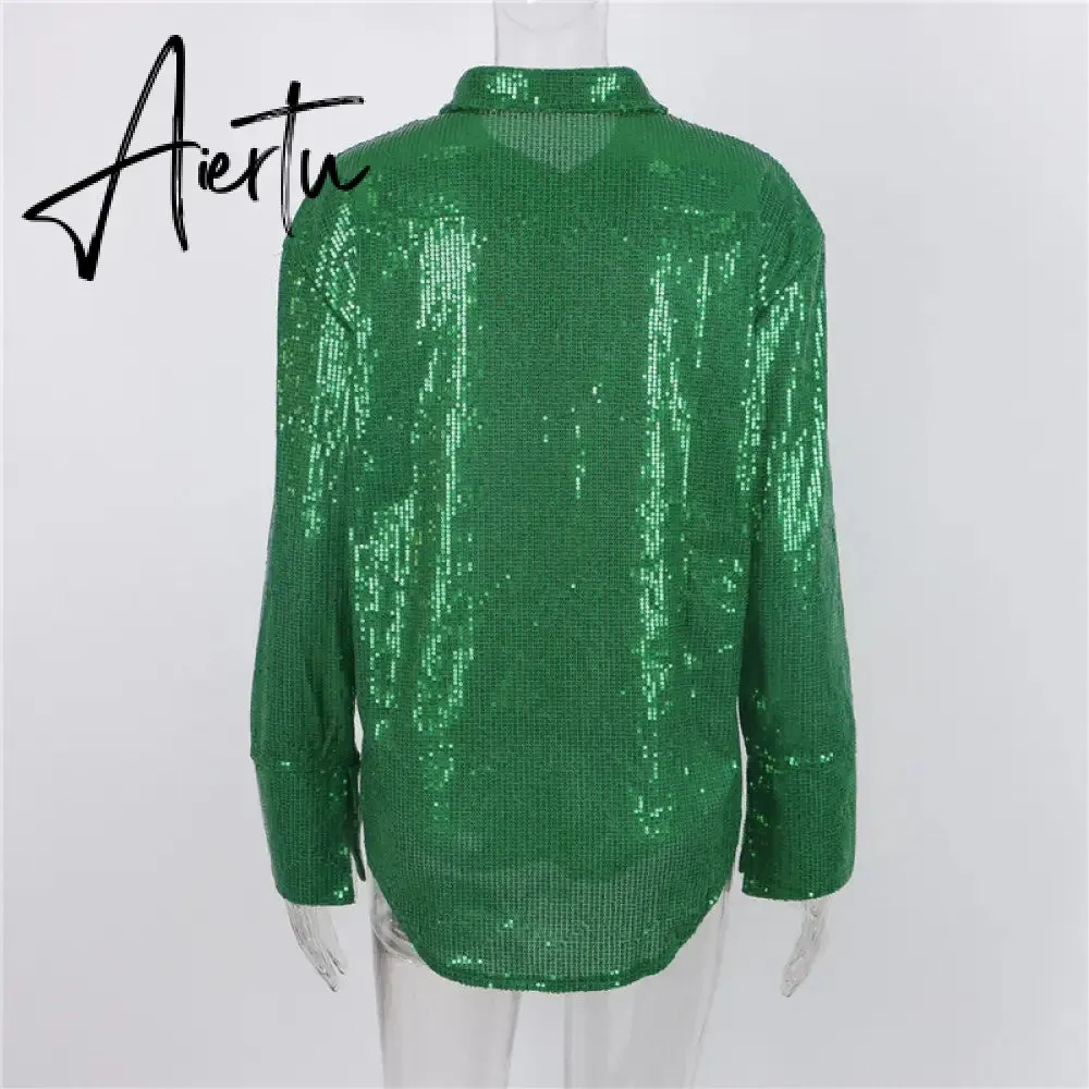 Aiertu Turn-down Collar Sequin Woman Blouses White Long Sleeve Casual Elegant Blouses Women Spring Loose Fashion Plus Size Tops