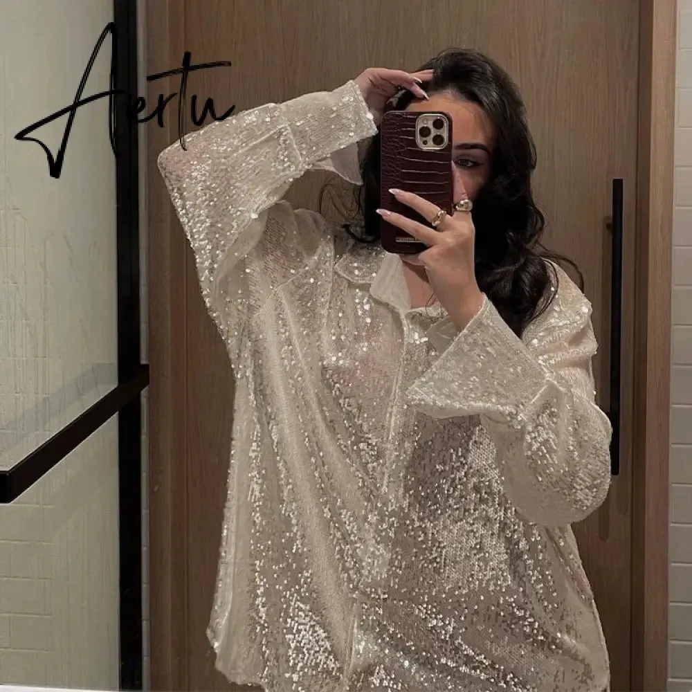 Aiertu Turn-down Collar Sequin Woman Blouses White Long Sleeve Casual Elegant Blouses Women Spring Loose Fashion Plus Size Tops