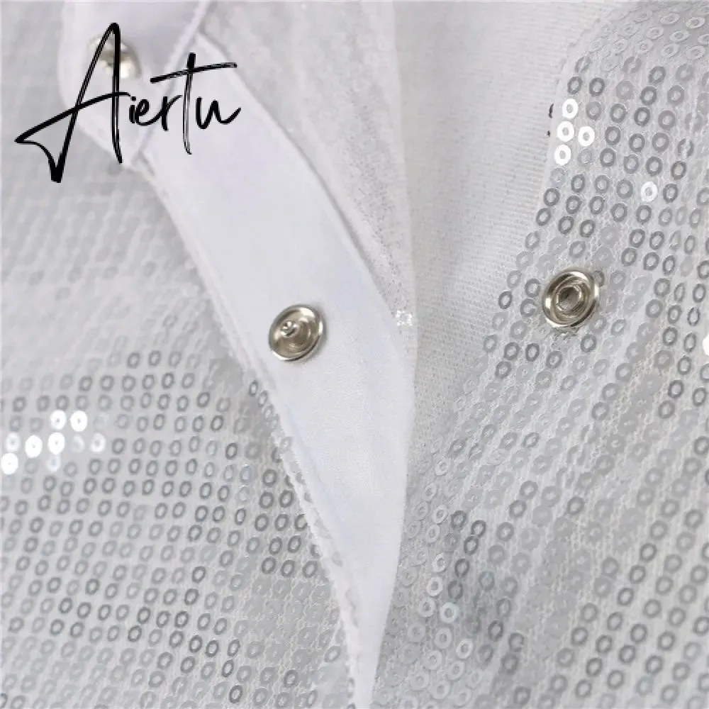 Aiertu Turn-down Collar Sequin Woman Blouses White Long Sleeve Casual Elegant Blouses Women Spring Loose Fashion Plus Size Tops
