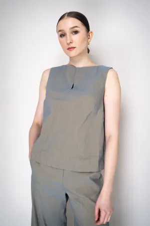 Annette Gortz Stretch Linen Slit Boat Neck Sleeveless Top in Iridescent Blue/Grey