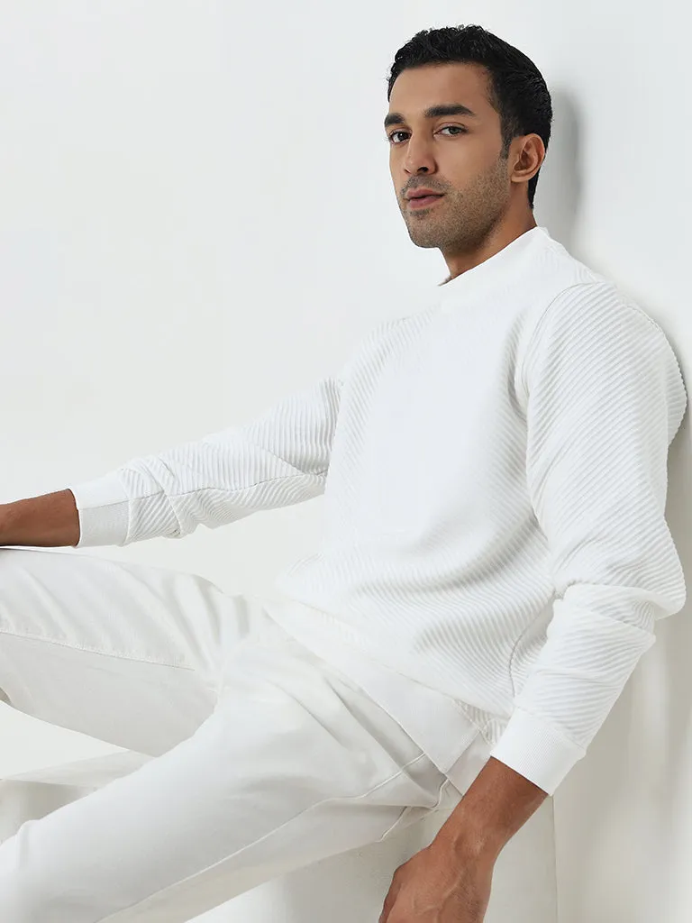 Ascot White Ribbed-Textured Relaxed-Fit Sweatshirt