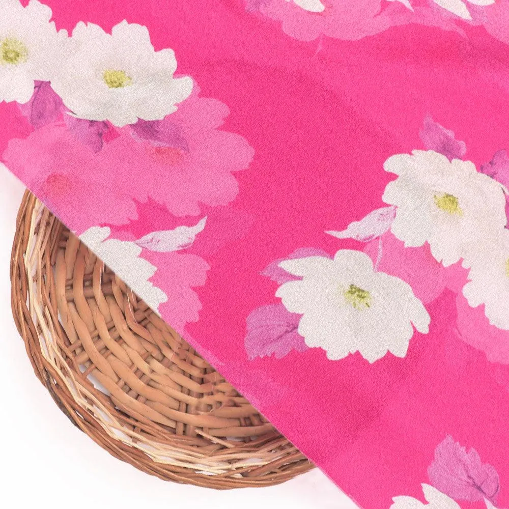 Attractive White Daffodil Flower Digital Printed Fabric - Silk Crepe