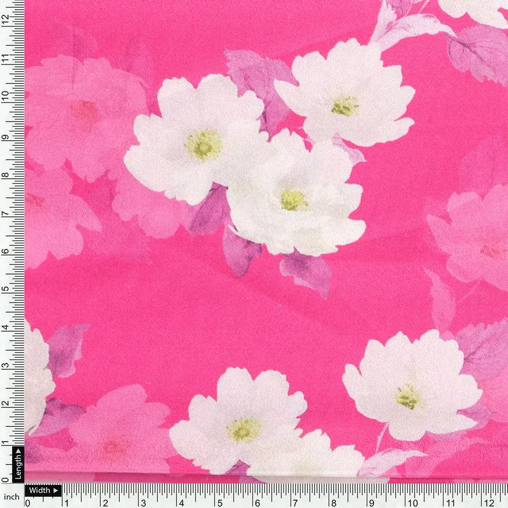 Attractive White Daffodil Flower Digital Printed Fabric - Silk Crepe
