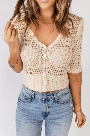 Beige Open-Front Buttons Hollow-Out Knit Crop Top
