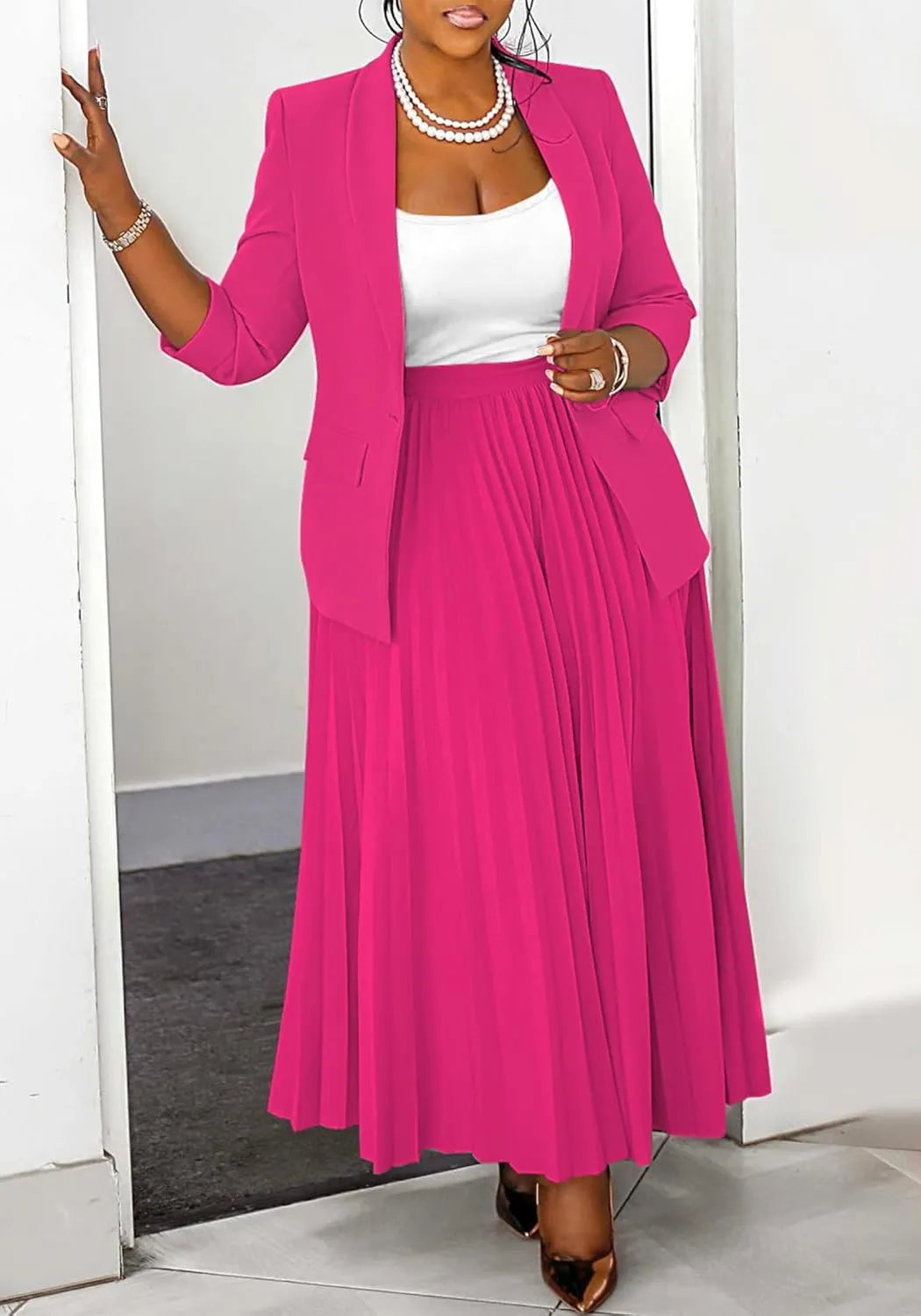 Blazer Skirt Sets 2 Piece for Women Long Blazers Jacket & Maxi Flowy Pleated Skirts Two Piece Business Casual Outfits