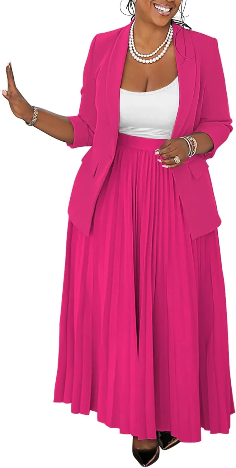 Blazer Skirt Sets 2 Piece for Women Long Blazers Jacket & Maxi Flowy Pleated Skirts Two Piece Business Casual Outfits
