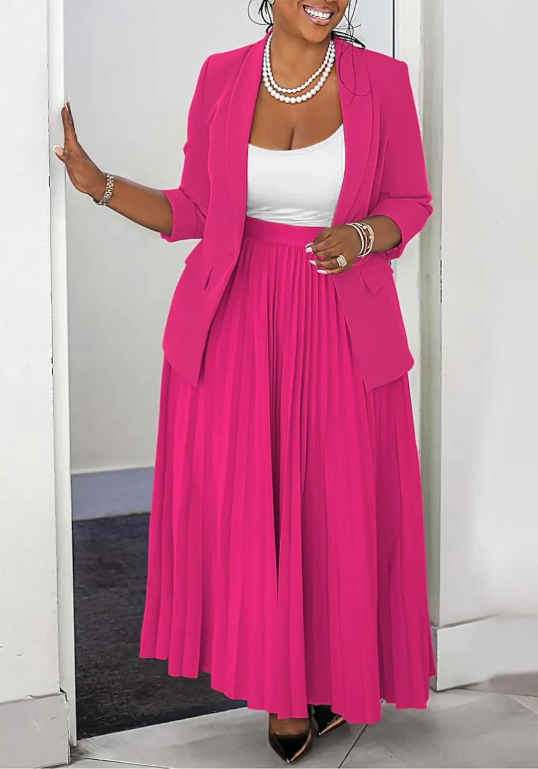 Blazer Skirt Sets 2 Piece for Women Long Blazers Jacket & Maxi Flowy Pleated Skirts Two Piece Business Casual Outfits