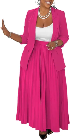Blazer Skirt Sets 2 Piece for Women Long Blazers Jacket & Maxi Flowy Pleated Skirts Two Piece Business Casual Outfits